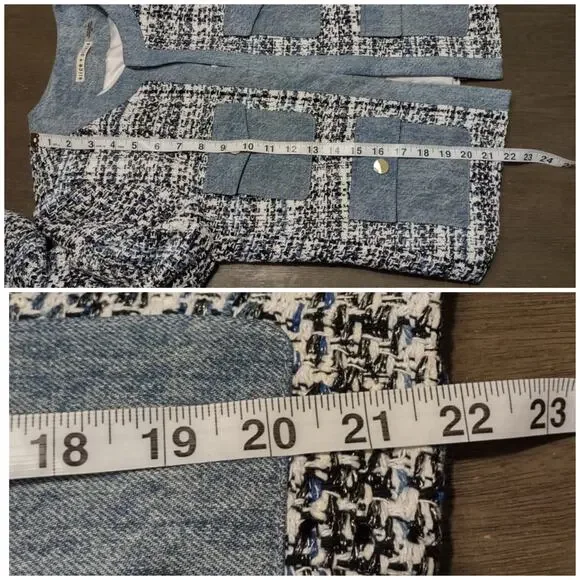 Alice + Olivia Avis Blue Tweed Denim Jean Combo Patch jacket Size Medium - Picture 9 of 16
